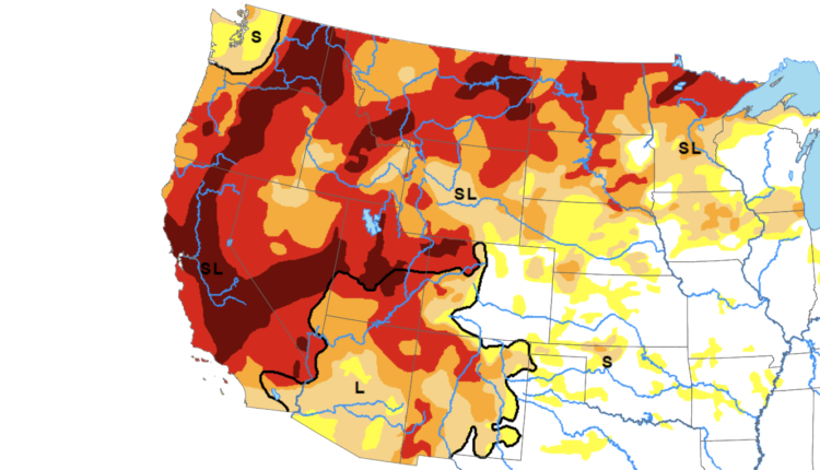 A map of the western U.S. showing large swatches of red and orange level drought conditions