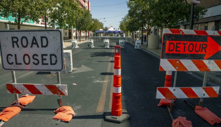 Road closures for Life is Beautiful along East Fremont Street on Thursday, Sept. 16, 2021, in L ...