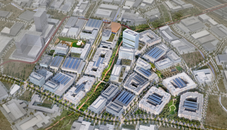 a central park, promenade, housing and riverfront retail
