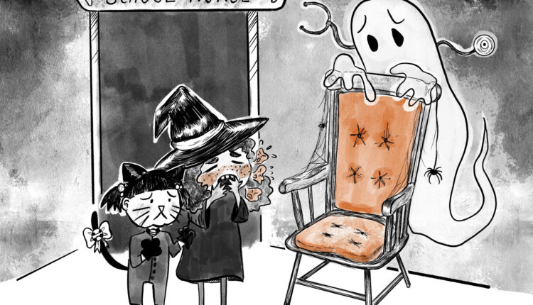 A black and white cartoon ink drawing shows two young children standing in an abandoned school nurse's office. One child is dressed up as a witch. She is sick and coughing. The other girl is dressed up as her cat, and holds onto her friend with concerned expression. They face an empty chair. A ghost nurse floats behind it, unable to help them.