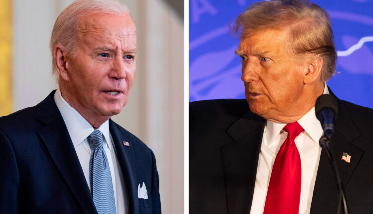 Two photos are shown side by side. The left is of President Joe Biden; the right is of former President Donald Trump.