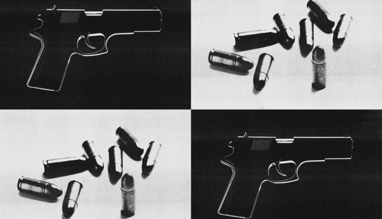 A photo illustration of four black and white images collaged: two handguns in silhouette and two bullet casings.